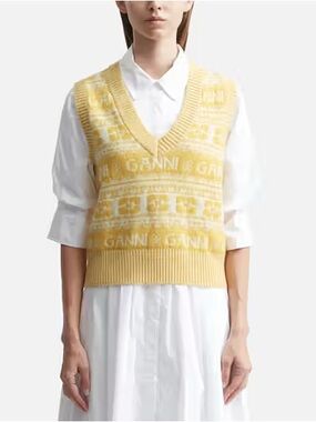 Ganni Logo Fair Isle V-Neck Sweater Vest Maize Yellow Size S